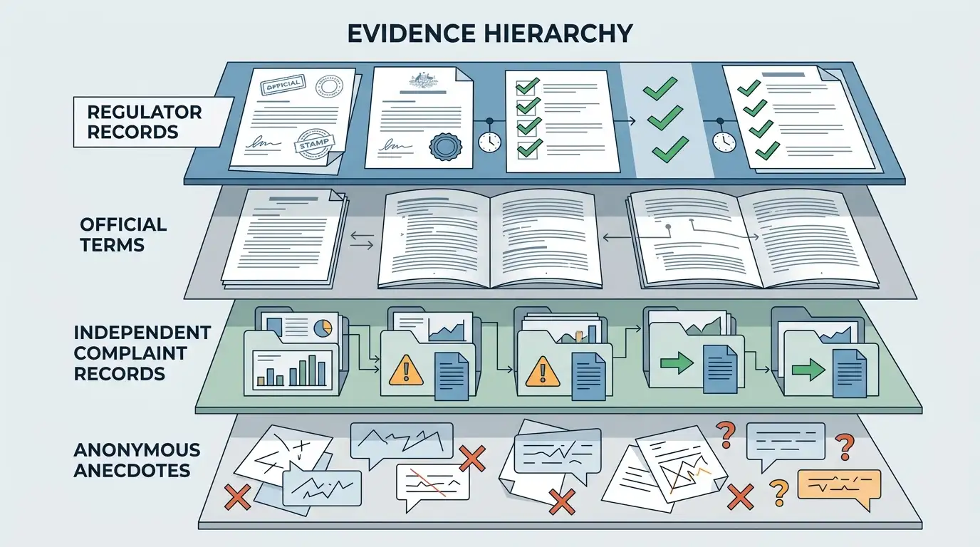 Editorial evidence hierarchy for assessing Caspero complaints and trust signals