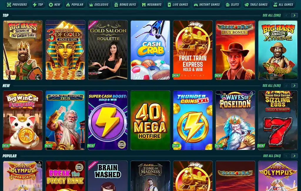Current Caspero casino game lobby and category navigation