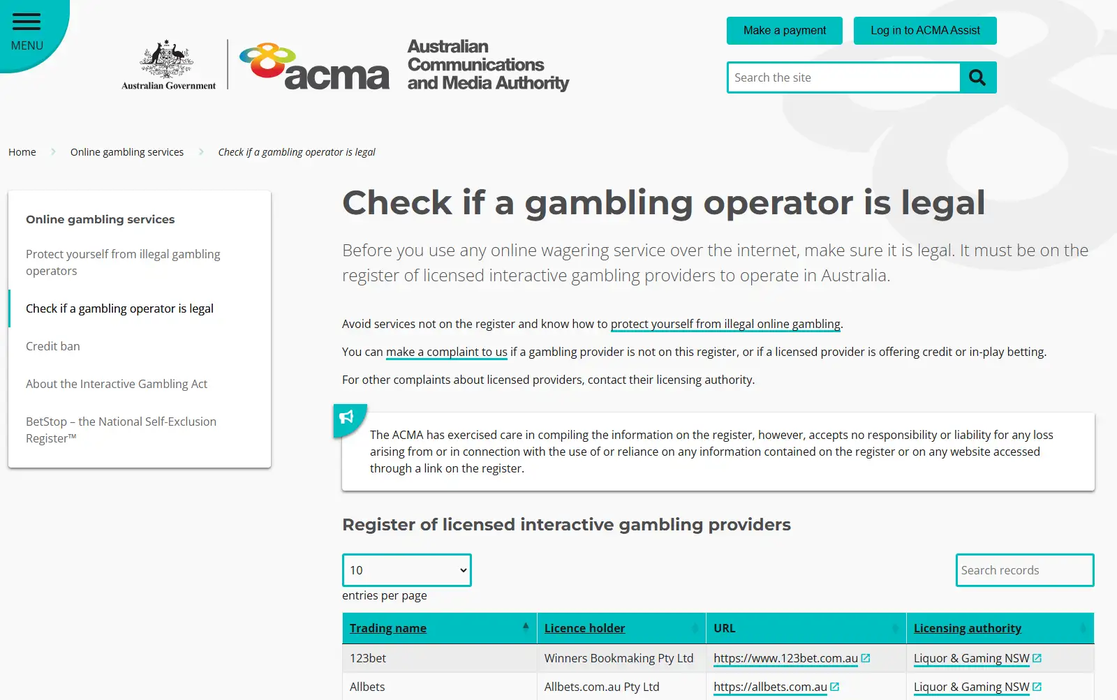 Screenshot of the ACMA licensed interactive gambling provider register