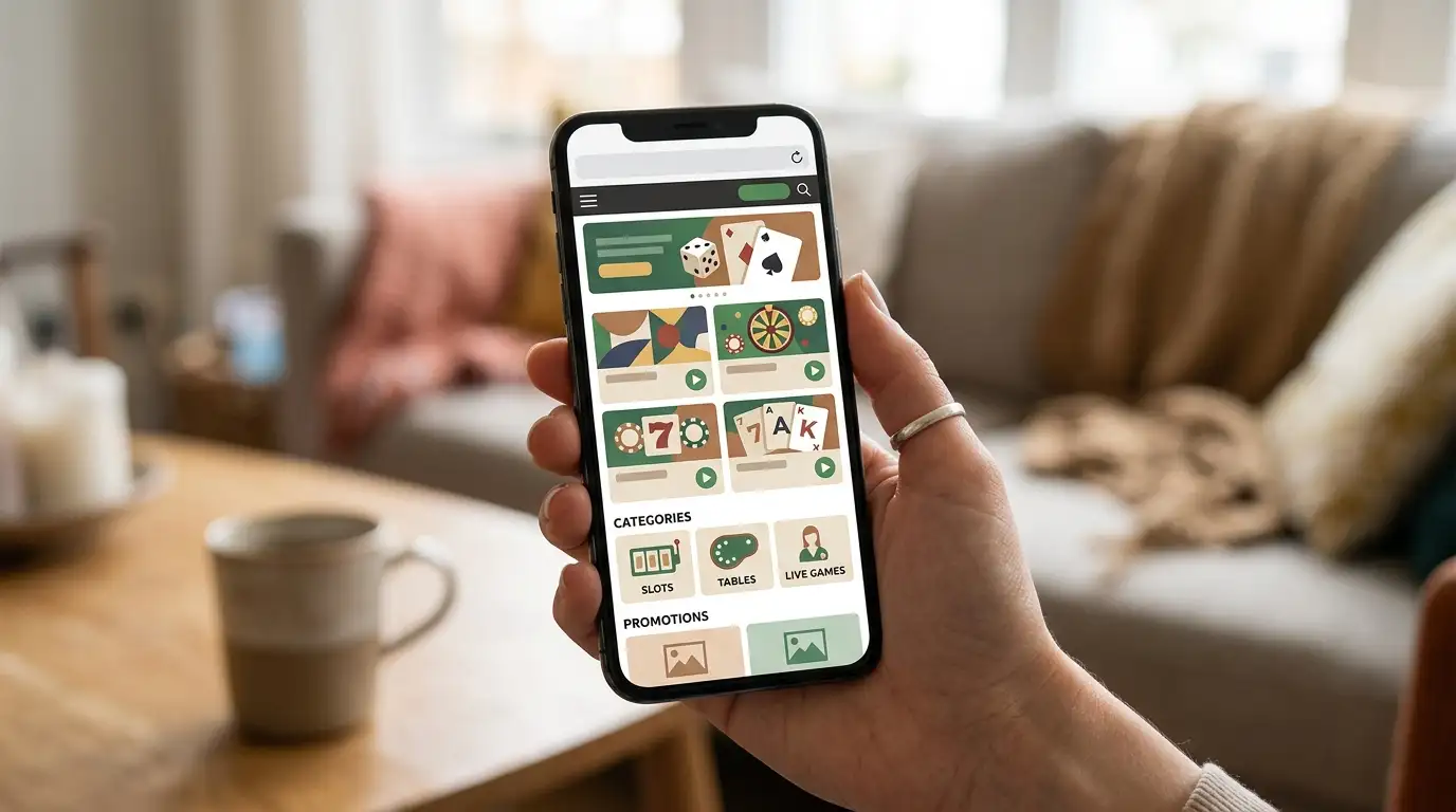Phone showing a generic browser casino layout without brand logos